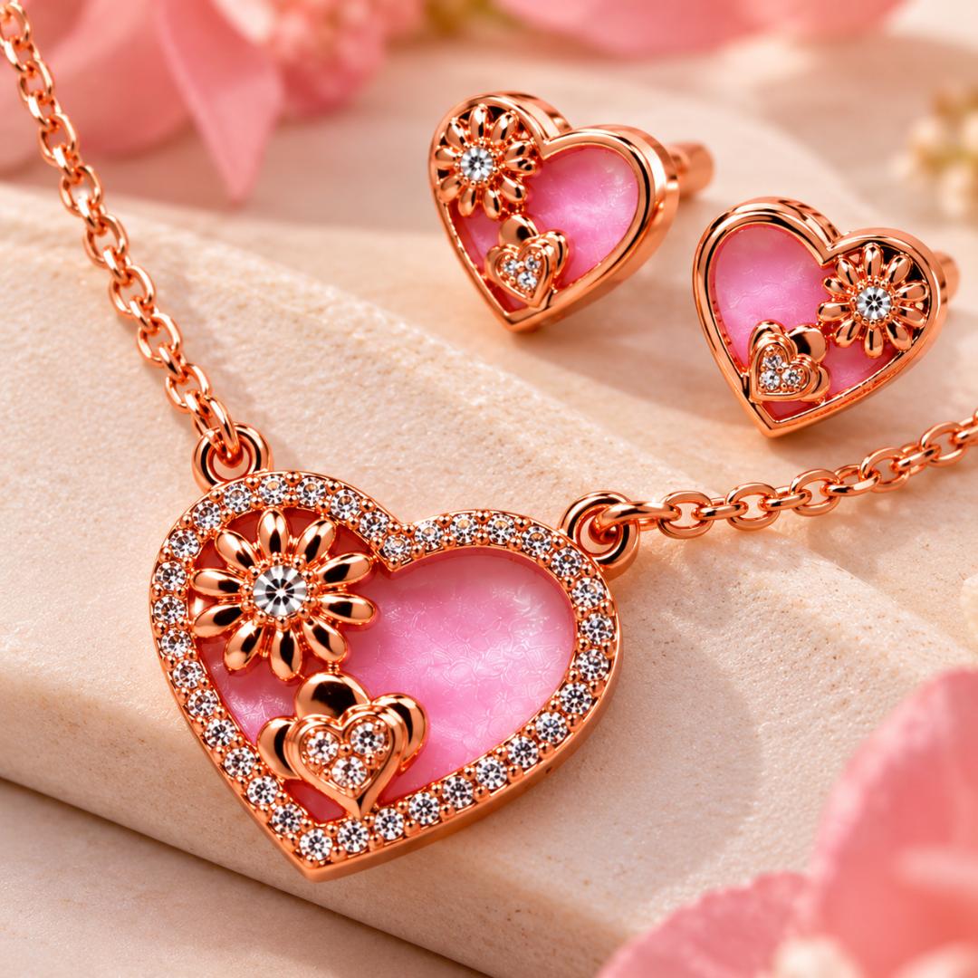 Rose Gold Tone Pink Heart Pendant Necklace with Matching Earrings for Women & Girls