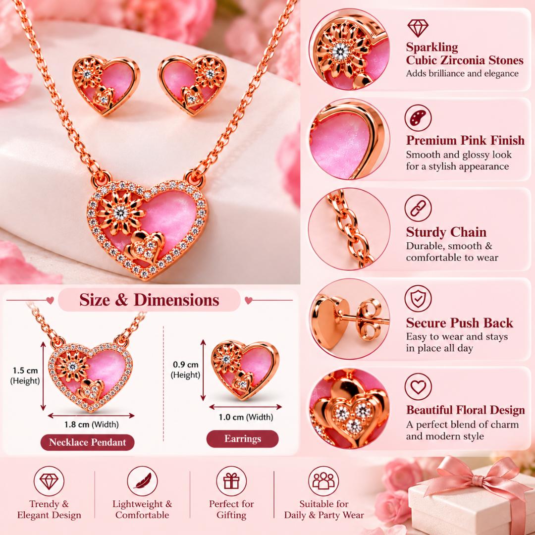Rose Gold Tone Pink Heart Pendant Necklace with Matching Earrings for Women & Girls