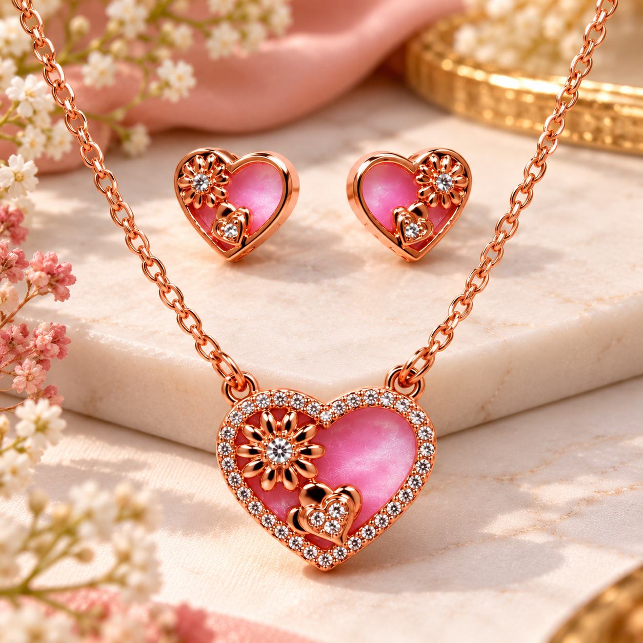 Rose Gold Tone Pink Heart Pendant Necklace with Matching Earrings for Women & Girls