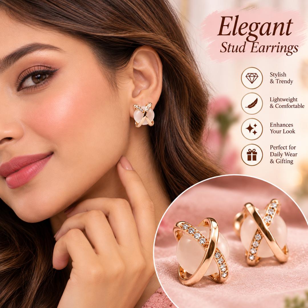 Rose Gold-Tone White Stone Criss-Cross Stud Earrings for Women