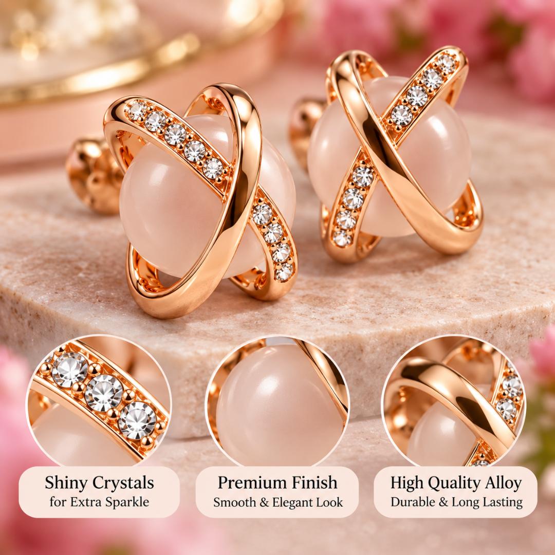 Rose Gold-Tone White Stone Criss-Cross Stud Earrings for Women