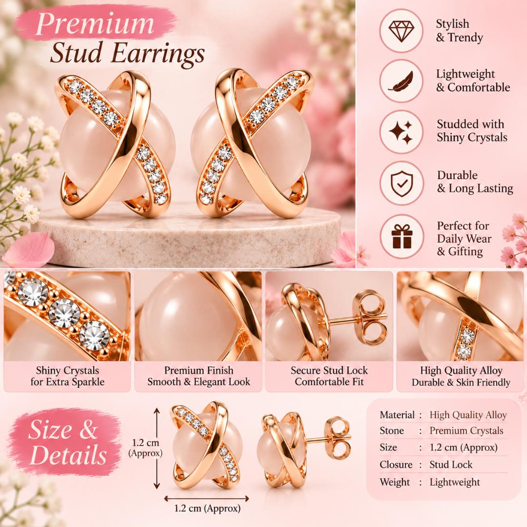 Rose Gold-Tone White Stone Criss-Cross Stud Earrings for Women