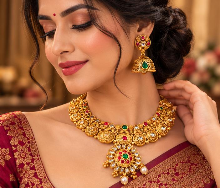 Royal Gold-Tone Traditional Necklace Set with Multicolor Stones and Matching Jhumka Earrings