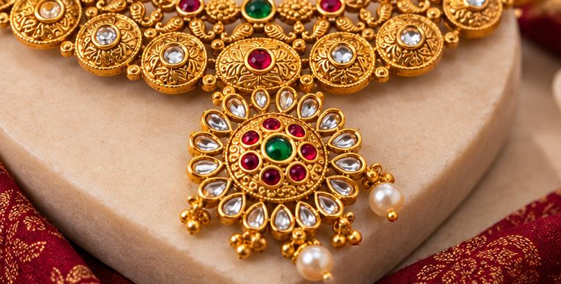 Royal Gold-Tone Traditional Necklace Set with Multicolor Stones and Matching Jhumka Earrings