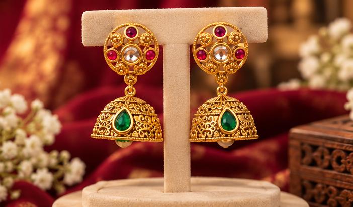 Royal Gold-Tone Traditional Necklace Set with Multicolor Stones and Matching Jhumka Earrings