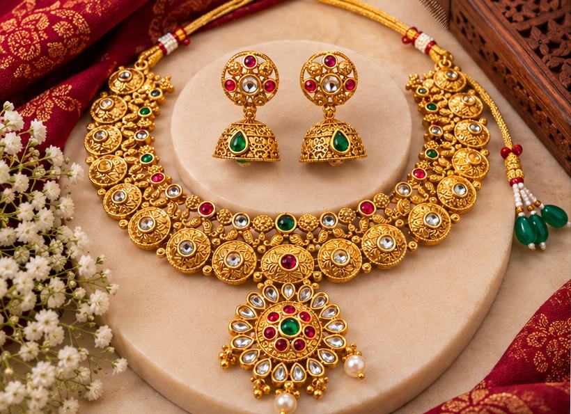 Royal Gold-Tone Traditional Necklace Set with Multicolor Stones and Matching Jhumka Earrings