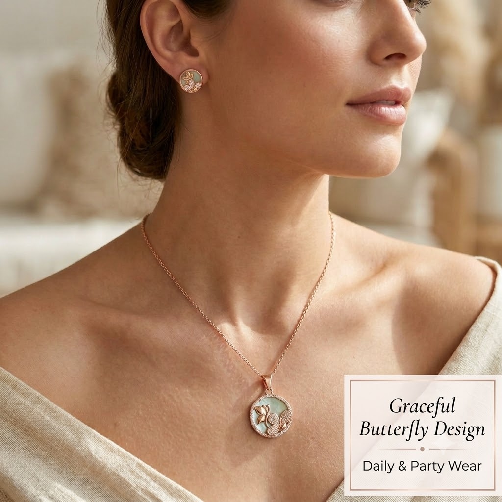 Shining Diva Fashion Rose Gold Plated Butterfly Pendant Necklace with Matching Stud Earrings Jewellery Set for Women & Girls