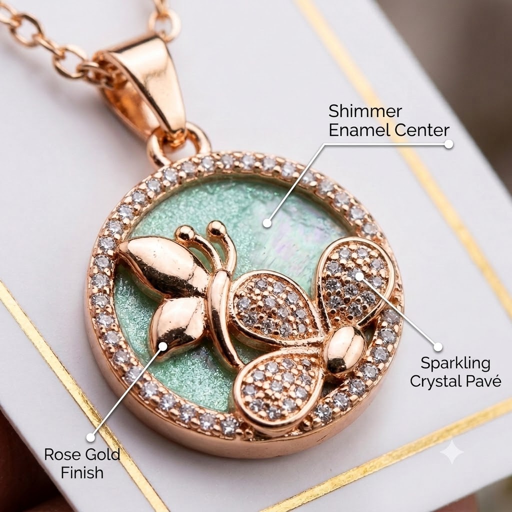Shining Diva Fashion Rose Gold Plated Butterfly Pendant Necklace with Matching Stud Earrings Jewellery Set for Women & Girls