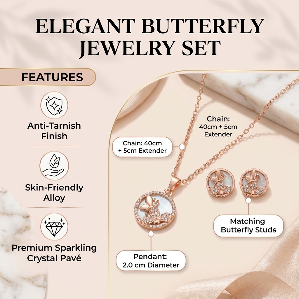 Shining Diva Fashion Rose Gold Plated Butterfly Pendant Necklace with Matching Stud Earrings Jewellery Set for Women & Girls