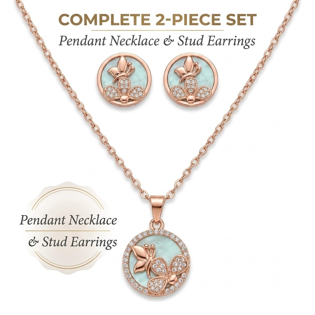 Shining Diva Fashion Rose Gold Plated Butterfly Pendant Necklace with Matching Stud Earrings Jewellery Set for Women & Girls