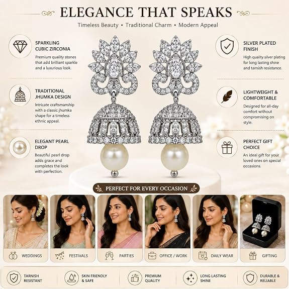 Silver Plated Jhumka Earrings with Pearl Drop