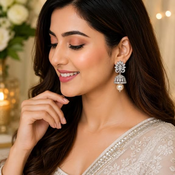 Silver Plated Jhumka Earrings with Pearl Drop, Lotus Design Cubic Zirconia Studded Traditional Ethnic Danglers for Women and Girls, Perfect for Weddings, Festivals and Daily Wear