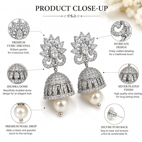 Silver Plated Jhumka Earrings with Pearl Drop, Lotus Design Cubic Zirconia Studded Traditional Ethnic Danglers for Women and Girls, Perfect for Weddings, Festivals and Daily Wear