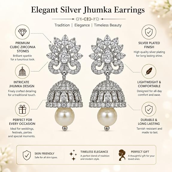 Silver Plated Jhumka Earrings with Pearl Drop, Lotus Design Cubic Zirconia Studded Traditional Ethnic Danglers for Women and Girls, Perfect for Weddings, Festivals and Daily Wear