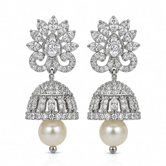 Silver Plated Jhumka Earrings with Pearl Drop