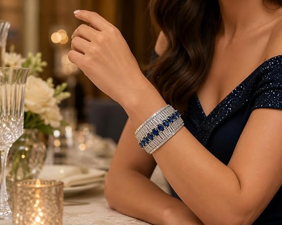 Silver-Tone Blue Stone Statement Cuff Bracelet – 7.5 cm
