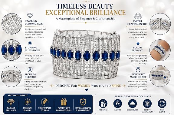 Silver-Tone Blue Stone Statement Cuff Bracelet – 7.5 cm