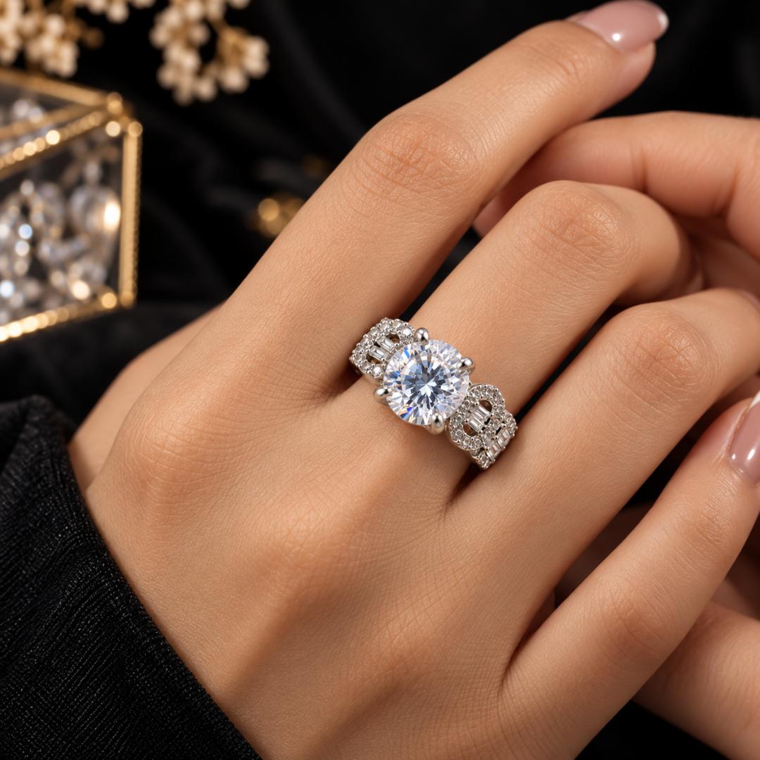 Silver-Tone Solitaire Style Ring with Sparkling Stone Embellishments for Women