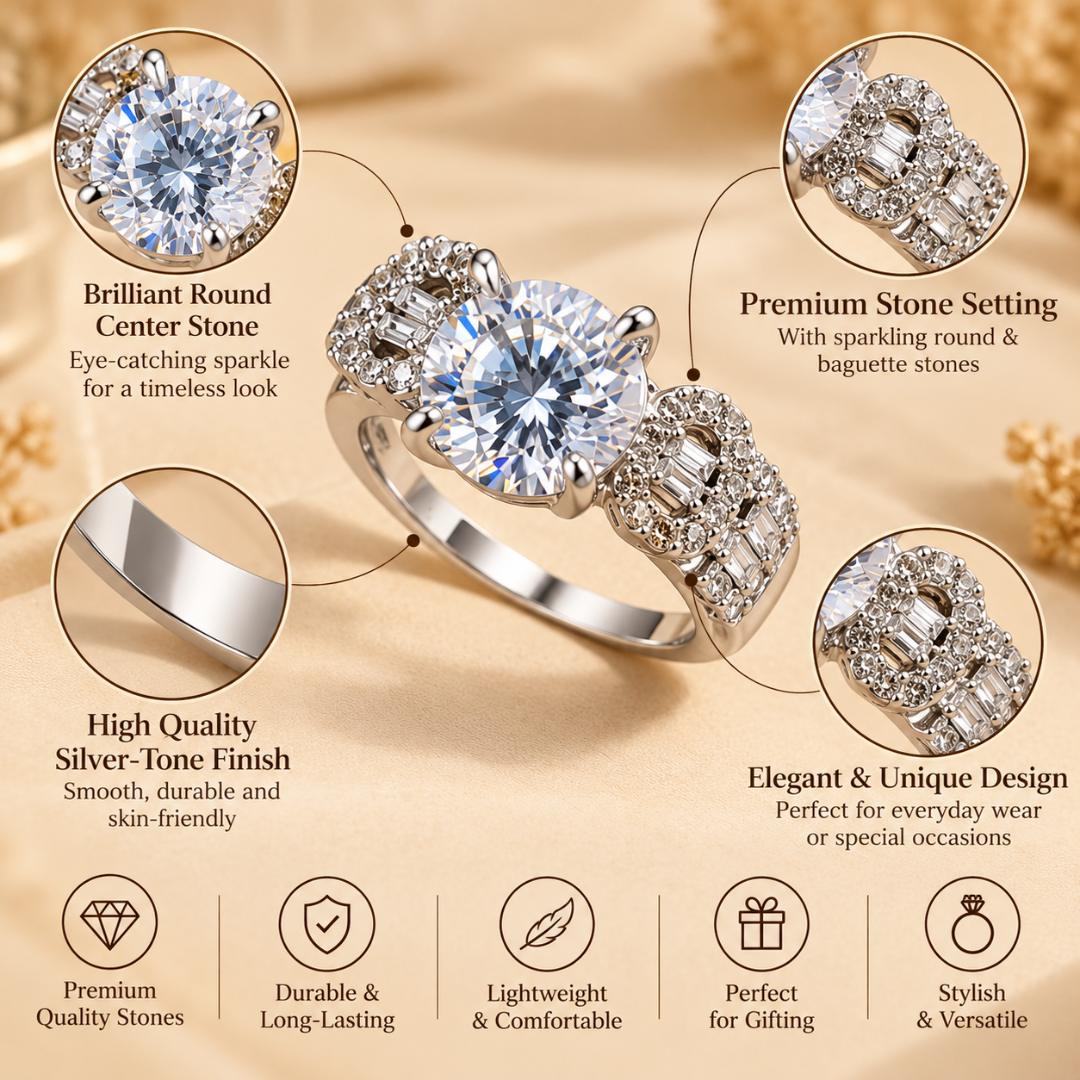 Silver-Tone Solitaire Style Ring with Sparkling Stone Embellishments for Women