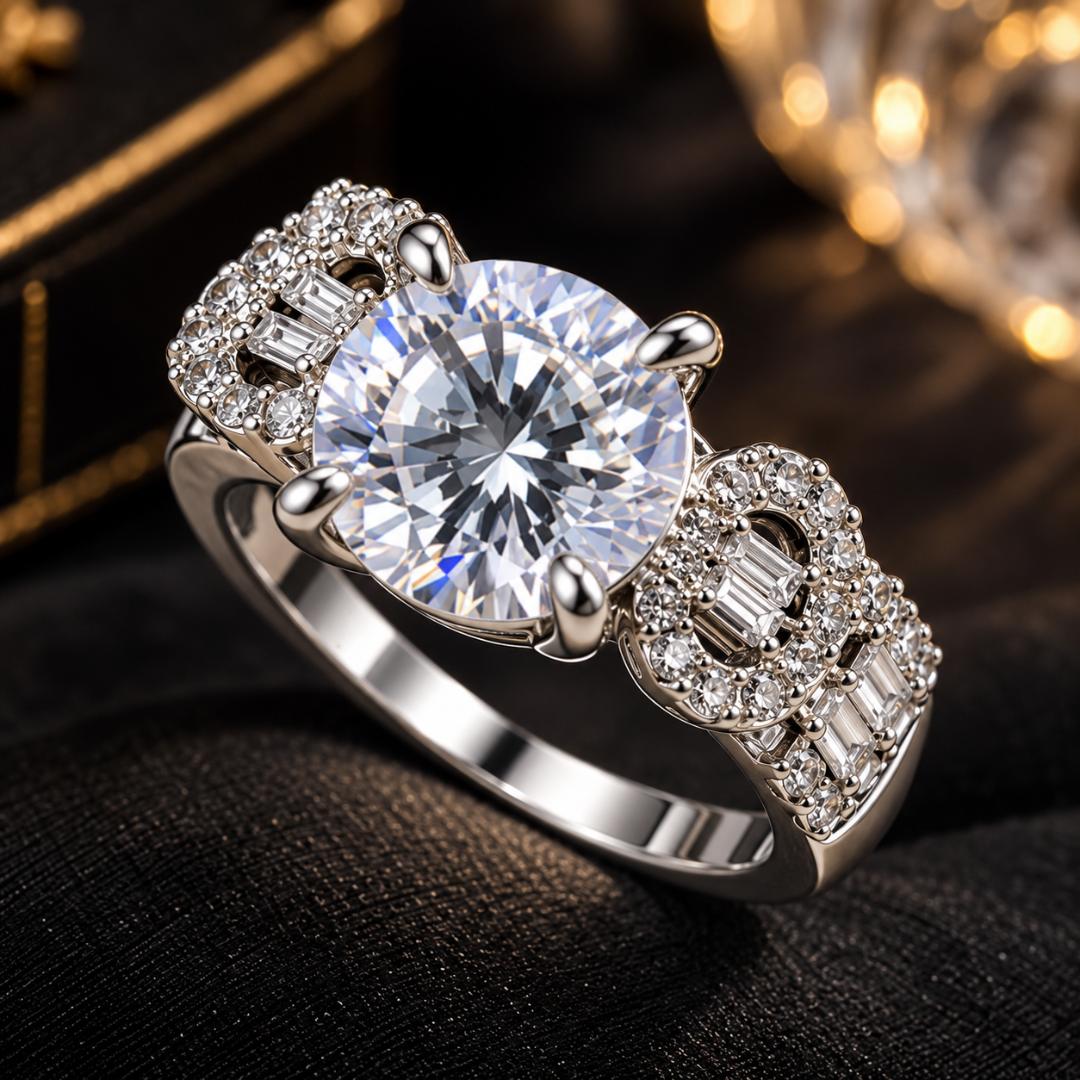 Silver-Tone Solitaire Style Ring with Sparkling Stone Embellishments for Women