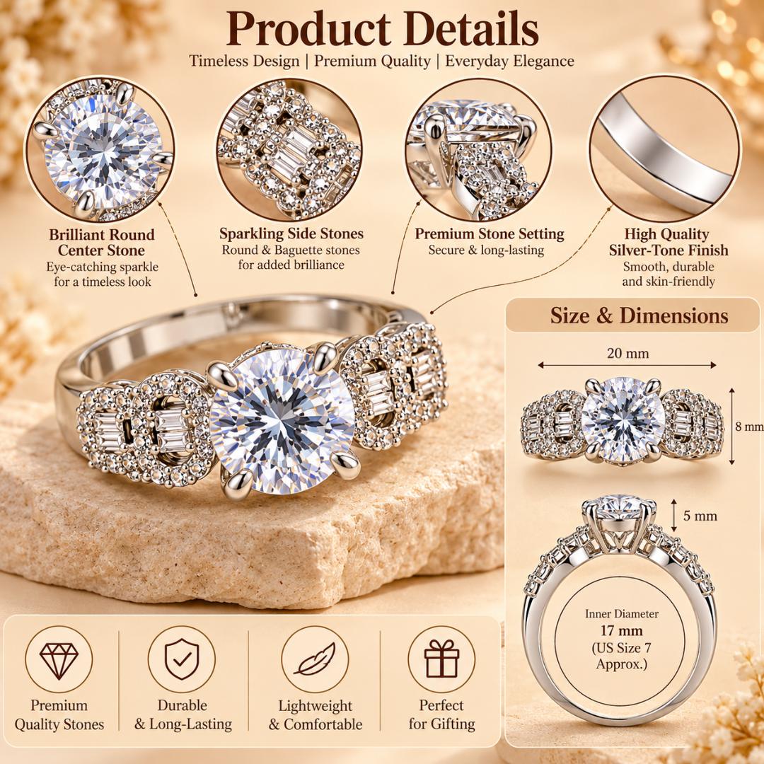 Silver-Tone Solitaire Style Ring with Sparkling Stone Embellishments for Women