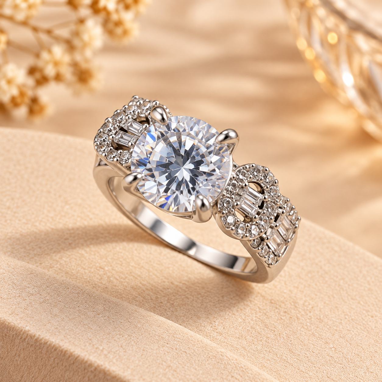 Silver-Tone Solitaire Style Ring with Sparkling Stone Embellishments for Women