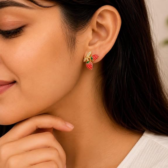Strawberry Charm Stud Earrings for Women | Gold Plated Enamel Studs with Cubic Zirconia Leaves | Cute Fruit Design Earrings for Girls