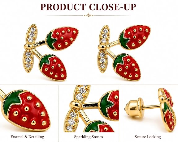 Strawberry Charm Stud Earrings for Women | Gold Plated Enamel Studs with Cubic Zirconia Leaves | Cute Fruit Design Earrings for Girls