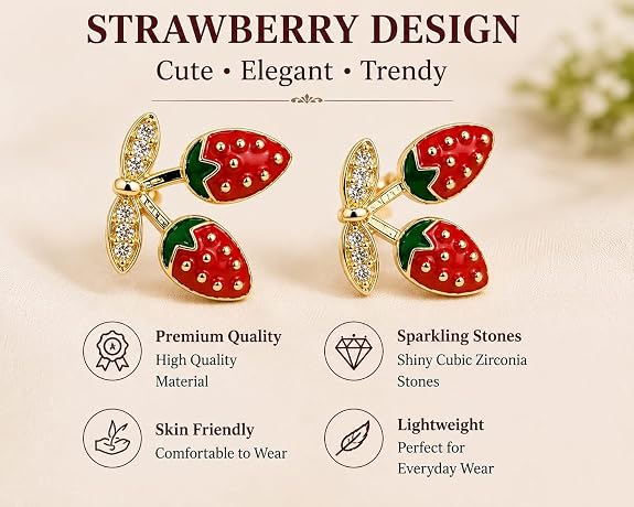 Strawberry Charm Stud Earrings for Women | Gold Plated Enamel Studs with Cubic Zirconia Leaves | Cute Fruit Design Earrings for Girls