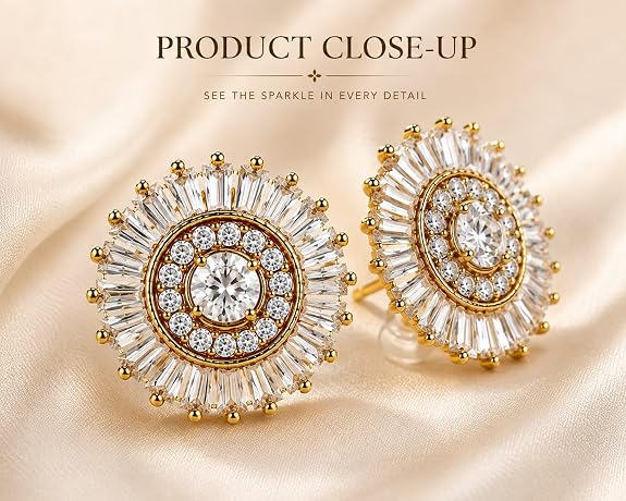 Sunburst Stud Earrings for Women | Baguette Cut Cubic Zirconia Gold Plated Circular Design Ear Studs