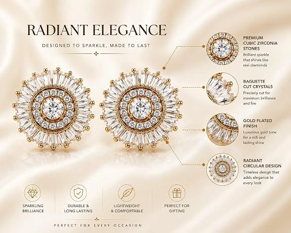 Sunburst Stud Earrings for Women | Baguette Cut Cubic Zirconia Gold Plated Circular Design Ear Studs