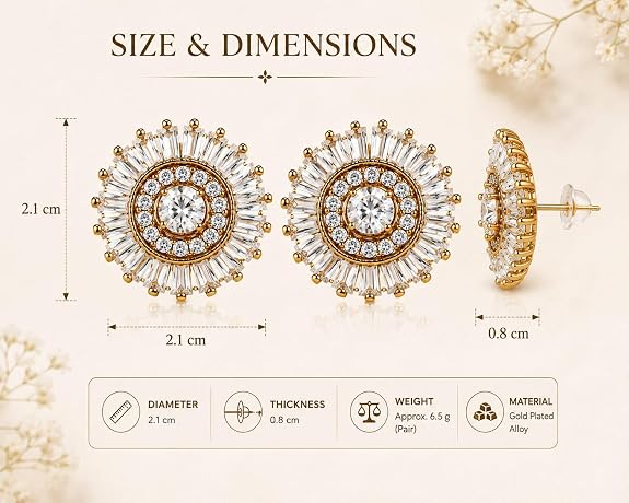 Sunburst Stud Earrings for Women | Baguette Cut Cubic Zirconia Gold Plated Circular Design Ear Studs