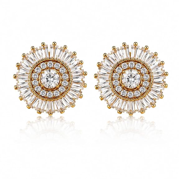 Sunburst Stud Earrings for Women | Baguette Cut Cubic Zirconia Gold Plated Circular Design Ear Studs