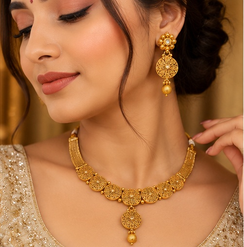 Traditional Gold-Tone Filigree Necklace Set with Matching Drop Earrings