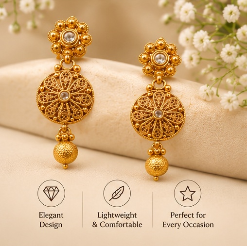 Traditional Gold-Tone Filigree Necklace Set with Matching Drop Earrings