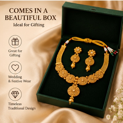 Traditional Gold-Tone Filigree Necklace Set with Matching Drop Earrings