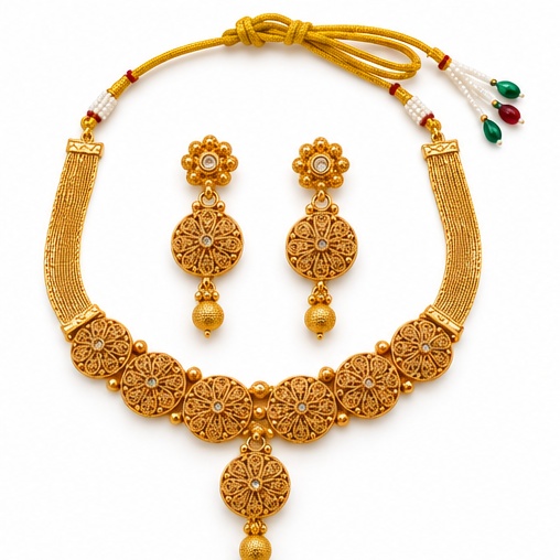 Traditional Gold-Tone Filigree Necklace Set with Matching Drop Earrings