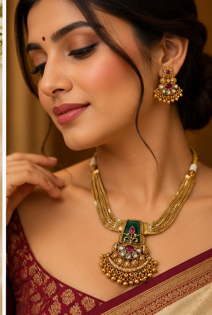 Traditional Gold-Tone Green and Ruby Stone Necklace Set with Matching Earrings