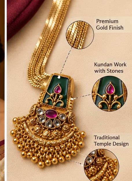 Traditional Gold-Tone Green and Ruby Stone Necklace Set with Matching Earrings