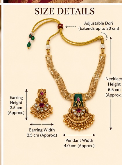 Traditional Gold-Tone Green and Ruby Stone Necklace Set with Matching Earrings