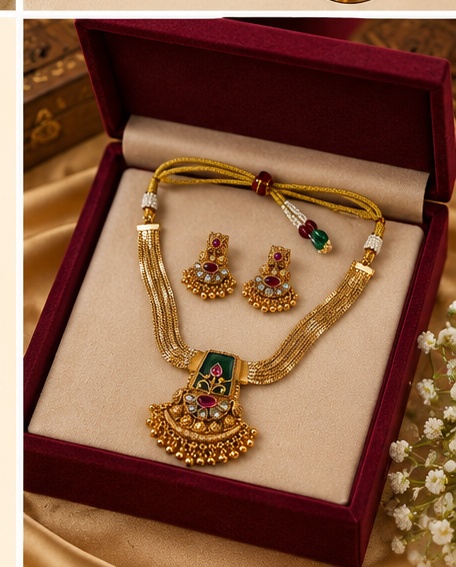 Traditional Gold-Tone Green and Ruby Stone Necklace Set with Matching Earrings