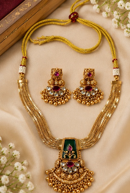 Traditional Gold-Tone Green and Ruby Stone Necklace Set with Matching Earrings