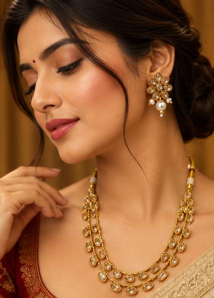 Traditional Gold-Tone Kundan Necklace Set with Matching Earrings