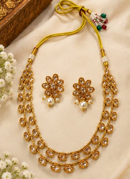 Traditional Gold-Tone Kundan Necklace Set with Matching Earrings