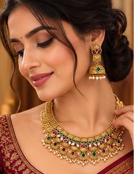 Traditional Gold-Tone Multicolor Stone Choker Necklace Set with Pearl-Style Drops and Matching Jhumka Earrings