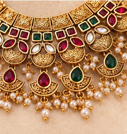 Traditional Gold-Tone Multicolor Stone Choker Necklace Set with Pearl-Style Drops and Matching Jhumka Earrings