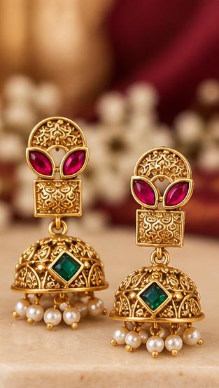 Traditional Gold-Tone Multicolor Stone Choker Necklace Set with Pearl-Style Drops and Matching Jhumka Earrings