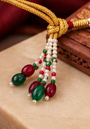 Traditional Gold-Tone Multicolor Stone Choker Necklace Set with Pearl-Style Drops and Matching Jhumka Earrings