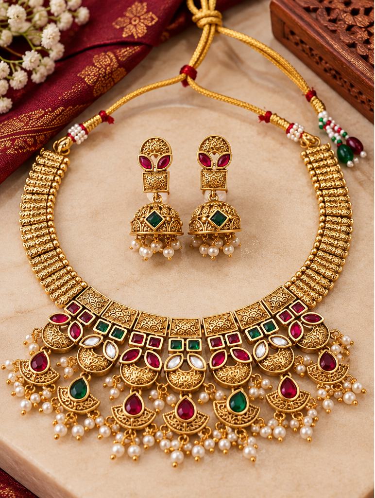 Traditional Gold-Tone Multicolor Stone Choker Necklace Set with Pearl-Style Drops and Matching Jhumka Earrings