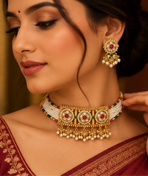 Traditional Gold-Tone Pearl Choker with Matching Earrings